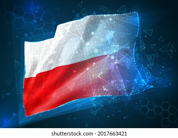 Polen, Vektor-3D-Flagge auf blauem Hintergrund mit huhn-schnittstellen