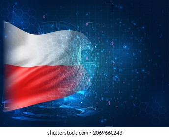 Polen, Vektor-3D-Flagge auf blauem Hintergrund mit huhn-schnittstellen