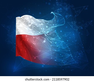 Polen, Vektor-3D-Flagge auf blauem Hintergrund mit huhn-schnittstellen