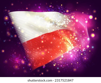 Poland, vector 3d flag on pink purple background with lighting and flares