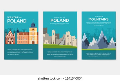 Poland vector brochure cards thin line set. Country travel template of flyear, magazines, posters, book cover, banners. Layout culture outline illustrations modern 