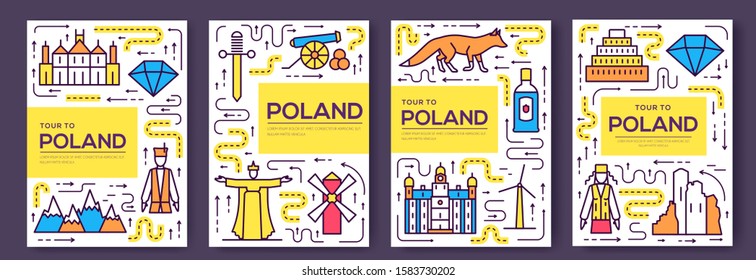 Poland vector brochure cards thin line set. Country travel template of flyer, magazines, posters, book cover, banners. Layout culture outline illustrations modern pages