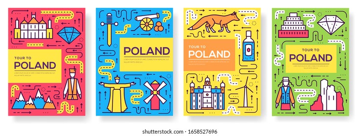 Poland vector brochure cards thin line set. Country travel template of flyer, magazines, posters, book cover, banners. Layout culture outline illustrations modern pages