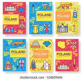 Poland vector brochure cards thin line set. Country travel template of flyear, magazines, posters, book cover, banners. Layout culture outline illustrations modern pages