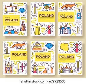 Poland vector brochure cards thin line set. Country travel template of flyear, magazines, posters, book cover, banners. Layout culture outline illustrations modern pages