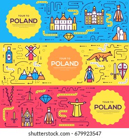 Poland vector brochure cards thin line set. Country travel template of flyear, magazines, posters, book cover, banners. Layout culture outline illustrations modern pages