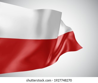 Poland, vector flag with waves and bends waving in the wind on a white background.