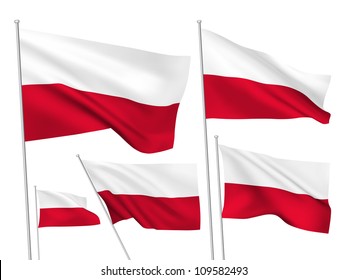 Poland vector flags set. 5 wavy 3D cloth pennants fluttering on the wind. EPS 8 created using gradient meshes isolated on white background. Five fabric flagstaff design elements from world collection