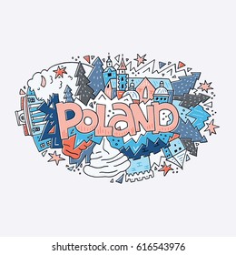 Poland vector illustration. Hand drawn lettering and symbols of the country.