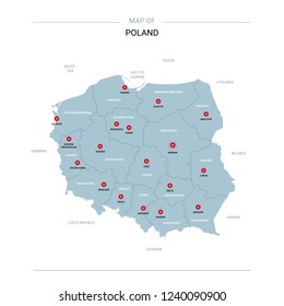 Poland vector map. Editable template with regions, cities, red pins and blue surface on white background. 