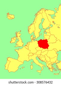Poland vector map, Europe, vector map silhouette illustration isolated on Europe map. Editable blank vector map of Europe.
