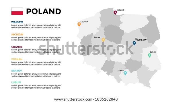 Poland vector map
infographic template. Slide presentation. Warsaw, Krakow, Gdansk,
Szczecin, Poznan, Lublin. Color Europe country. World
transportation geography data.

