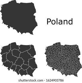 Poland vector maps with administrative regions, municipalities, departments, borders