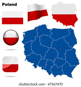 Poland  vector set. Detailed country shape with region borders, flags and icons isolated on white background.