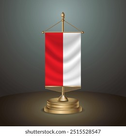 Bandera de mesa de Vertical de Polonia con poste dorado sobre fondo degradado oscuro, Ilustración vectorial de Anuncio de Plantilla