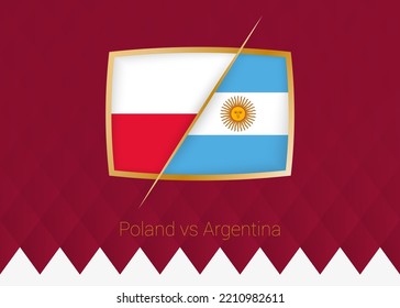 Poland vs Argentina, group stage icon of football competition on burgundy background. Vector icon.