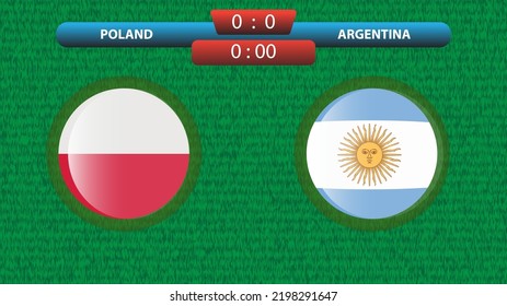 Scoreboard-Vorlage für Polen gegen Argentinien für Fußballturnier 2022 in Katar. Gruppe A Match. Vektorgrafik. Sportvorlage.