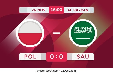 Polen gegen Saudi-Arabien Football Match Design Element. Fußball 2022. Infografiken zur Fußball-WM-Wettbewerb. Fernsehsendung Game Score, Scoreboard Template. Vektorgrafik