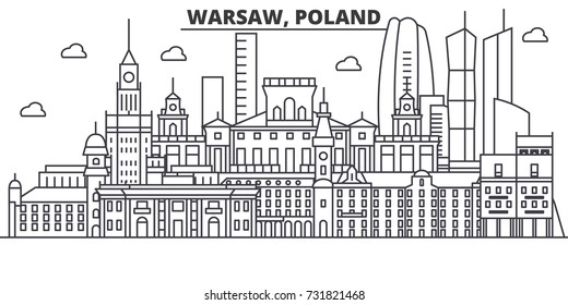 Poland, Warsaw architecture line skyline illustration. Linear vector cityscape with famous landmarks, city sights, design icons. Landscape wtih editable strokes