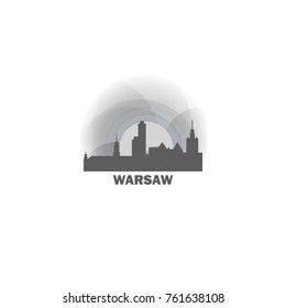 Poland Warsaw black white sunrise sunset city panorama landscape horizon buildings skyline flat icon logo