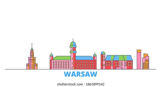 Poland, Warsaw City line cityscape, flat vector. Travel city landmark, oultine illustration, line world icons