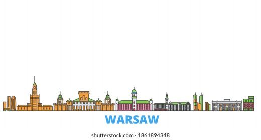 Poland, Warsaw line cityscape, flat vector. Travel city landmark, oultine illustration, line world icons