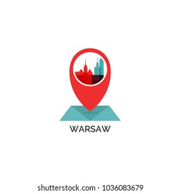 Poland Warsaw map city pin point geolocation modern skyline shape pointer vector flat logo web icon illustration