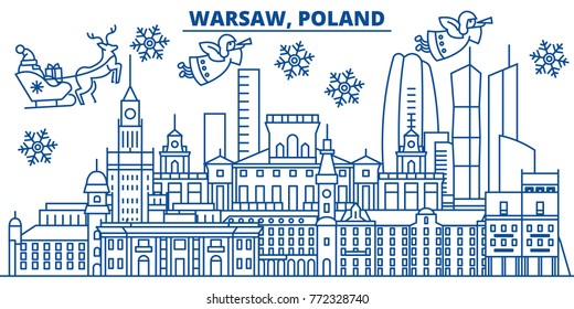 Poland, Warsaw winter city skyline. Merry Christmas, Happy New Year decorated banner with Santa Claus.Winter greeting line card.Flat, outline vector.Linear christmas snow illustration
