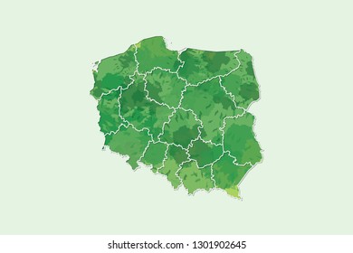 Poland watercolor map vector illustration of green color with border lines of different divisions or provinces on light background using paint brush in page