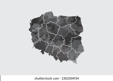 Poland watercolor map vector illustration of black color with border lines of different divisions or provinces on light background using paint brush in page