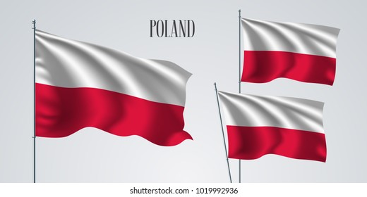 Poland waving flag set of vector illustration. White red colors of  Poland wavy realistic flag as a patriotic symbol 