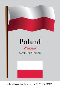 poland wavy flag and coordinates against gray background, vector art illustration, image contains transparency