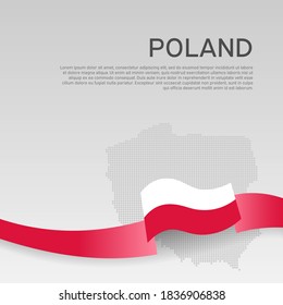 Poland wavy flag and mosaic map on white background. Wavy ribbon poland flag colors. National poster. Business booklet. Vector design. Polish state patriotic banner, cover