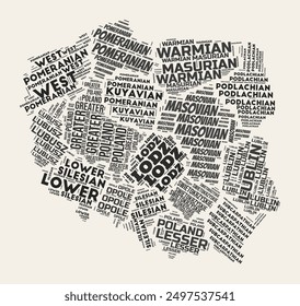 Poland Word Cloud. Country with regions division. Poland typographic text clouds vector image design. Vintage gazette style country shape image. Creative vector illustration.