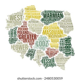 Poland Word Cloud. Country shape with region division. Poland typography style image. Region names tag clouds. Vector illustration.