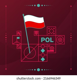 poland world football tournament 2022 vector wavy flag pinned to a soccer field with design elements. World football 2022 tournament final stage. Non Official championship colors and style.