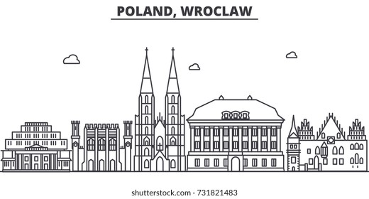 Poland, Wroclaw architecture line skyline illustration. Linear vector cityscape with famous landmarks, city sights, design icons. Landscape wtih editable strokes