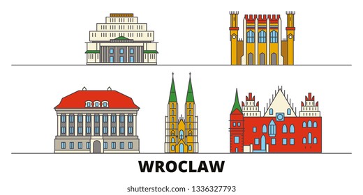 Poland, Wroclaw flat landmarks vector illustration. Poland, Wroclaw line city with famous travel sights, skyline, design. 