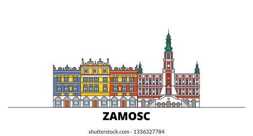 Poland, Zamosc flat landmarks vector illustration. Poland, Zamosc line city with famous travel sights, skyline, design. 