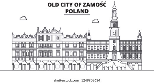 Poland - Zamosc travel famous landmark skyline, panorama, vector. Poland - Zamosc linear illustration