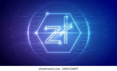 Polonia Zloty (PLN), Futurista Moneda Finance Symbol, Holograma Cybernetic Neon Glow Translucent Circuit Board Digital Technology Hexagon Block Background