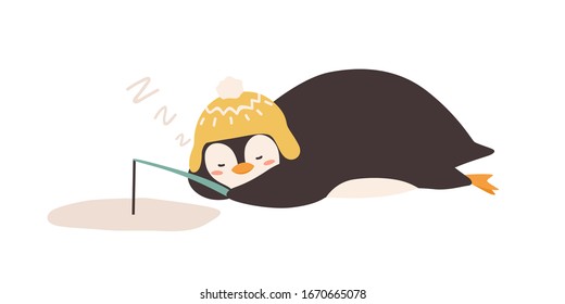 Polar animal sleeping at fishing vector flat illustration. Tired funny cartoon penguin holding fishing rod lying near ice hole isolated on white. Adorable arctic fisherman in hat relaxed outdoors