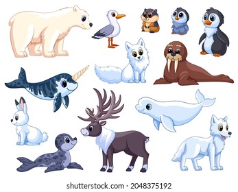 Polar animals. Antarctic mammals, isolated wildlife ocean. Funny arctic white bear, seabird, cute penguins and deer. Garish vector characters