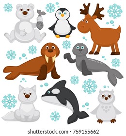 Polar animals and arctic fish cartoon characters. 