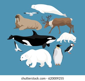 Polar animals circle set with white polar bear and narwhal, whale, reindeer, seal, walrus, arctic fox, penguin, puffin and seagulls