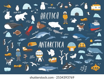 Polar animals collection, cute birds, fish and marine mammals. Arctic wild animals and polar stations set. Vector illustration.