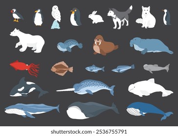 Polar animals collection, cute birds, fish and marine mammals. Arctic wild animals set. Vector illustration.