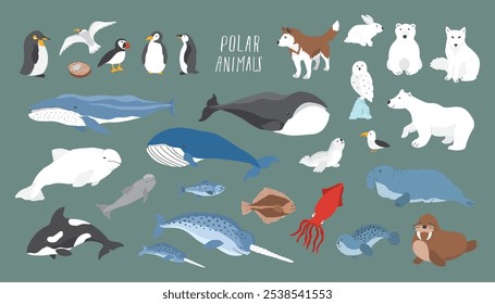 Polar animals collection, cute birds, fish and marine mammals. Arctic wild animals set. Vector illustration.