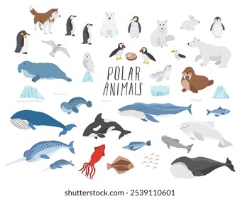 Polar animals collection, cute birds, fish and marine mammals. Arctic wild animals set. Vector illustration.