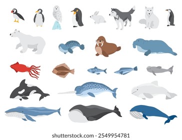 Colección de animales polares, aves lindas, peces y mamíferos marinos. Conjunto de animales salvajes árticos. Ilustración vectorial.